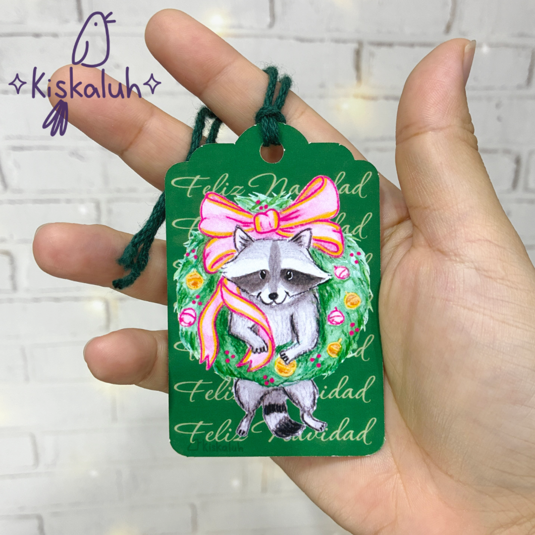 Mapache en corona navideña, 5 Etiquetas para regalo, Gift Tags