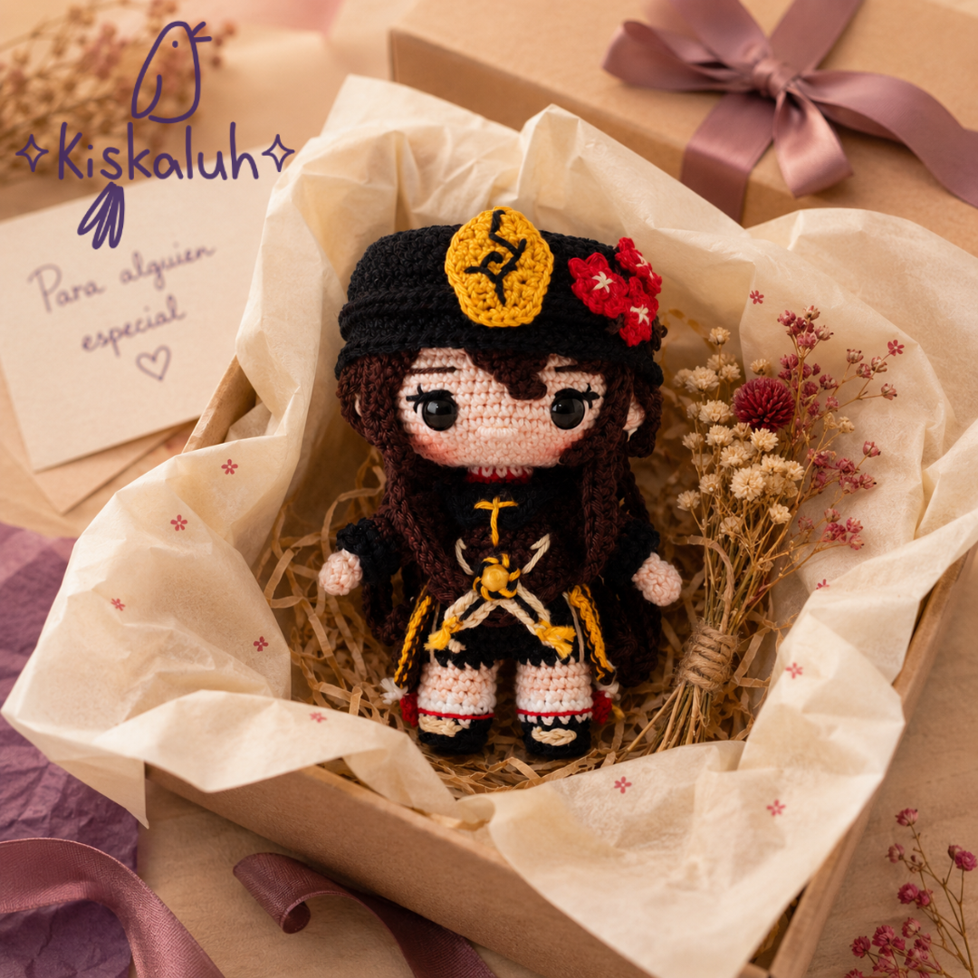 Hu Tao de Genshin Impact, Muñeca tejida crochet, Amigurumi, 16 cm