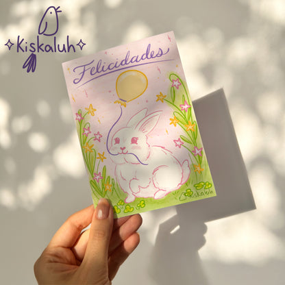 "Felicidades" conejo con globo - Tarjeta de felicitación - 10x15cm / 4x6 pulg. PP032