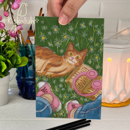 Orange cat among flowers and books Print , 4x6 in. / 8x10 in