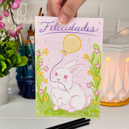 "Felicidades" conejo con globo - Tarjeta de felicitación - 10x15cm / 4x6 pulg. PP032