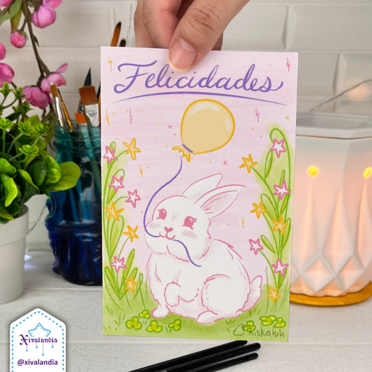 "Felicidades" Rabbit with Balloon - Greeting Card - 10x15cm / 4x6in PP032