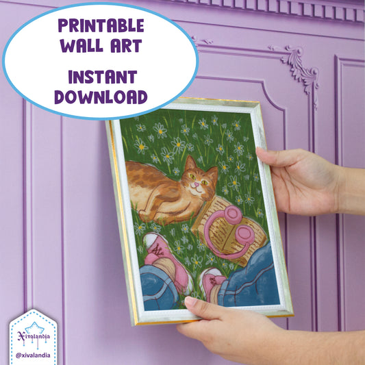 Printable poster of an orange cat among flowers and books, a decorative digital illustration.