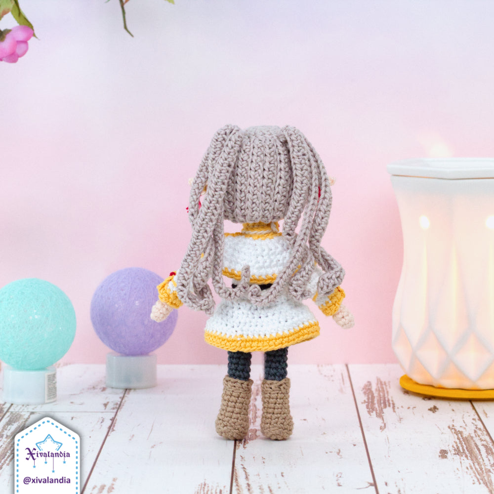 Muñeca tejida Frieren, 18 cm/7 pulg, crochet artesanal, peluche amigurumi