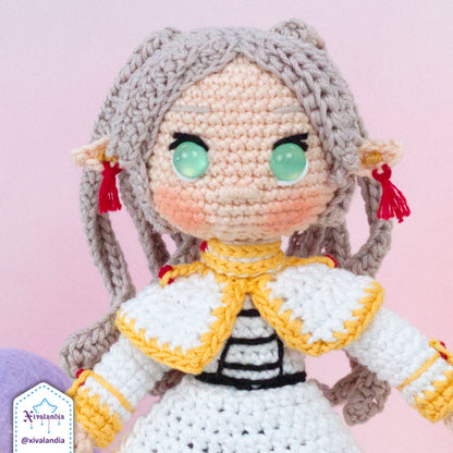 Muñeca tejida Frieren, 18 cm/7 pulg, crochet artesanal, peluche amigurumi
