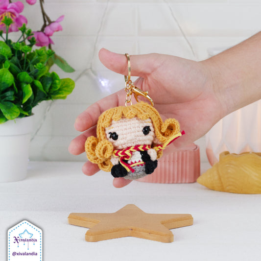 Hermione plushy keychain, HP wizard - 2.5 in/7cm - crochet handmade amigurumi