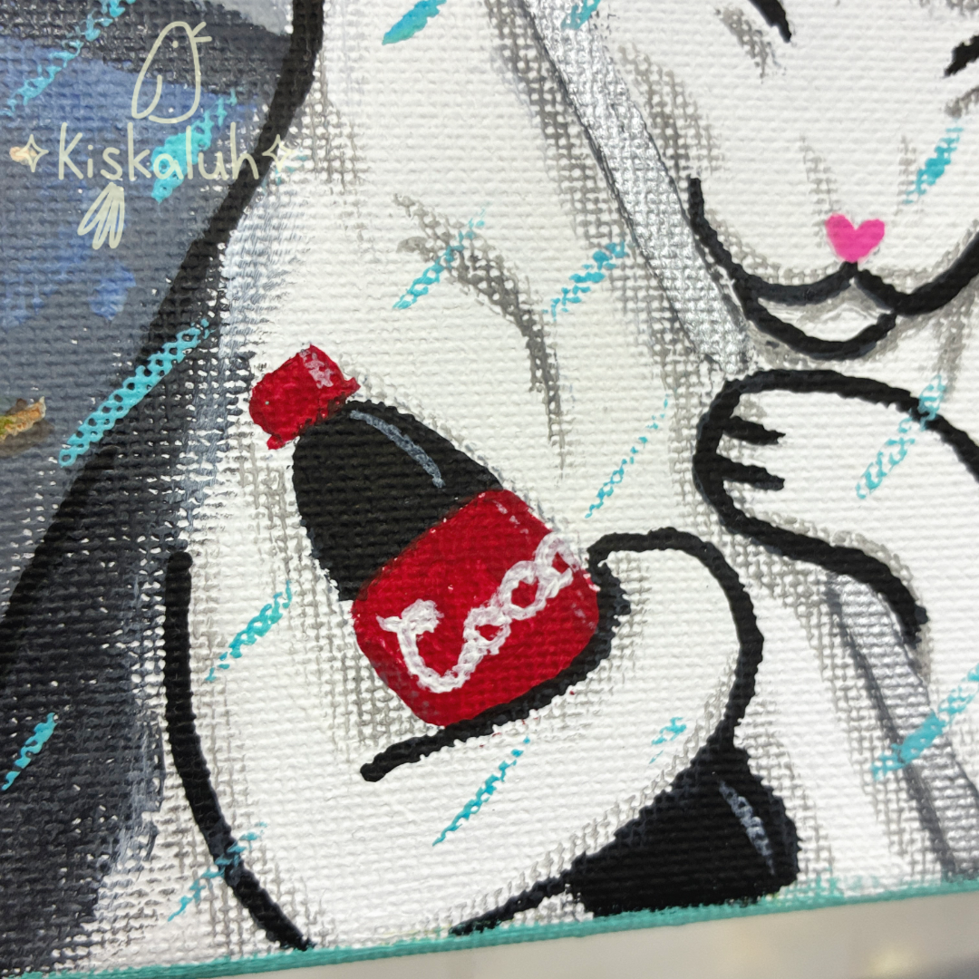 Gato y su coquita, acrílico sobre lienzo, Pintura Original, Arte Pintado a mano 20 x 15 cm / 8x6 pulg.