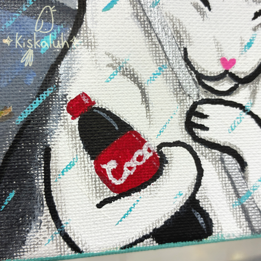 Gato y su coquita, acrílico sobre lienzo, Pintura Original, Arte Pintado a mano 20 x 15 cm / 8x6 pulg.