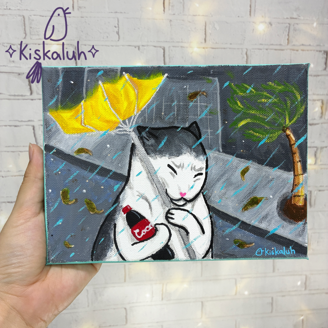 Gato y su coquita, acrílico sobre lienzo, Pintura Original, Arte Pintado a mano 20 x 15 cm / 8x6 pulg.