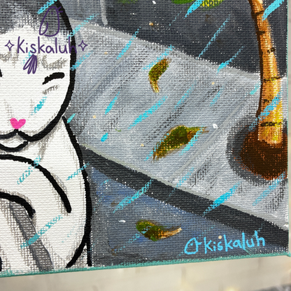 Gato y su coquita, acrílico sobre lienzo, Pintura Original, Arte Pintado a mano 20 x 15 cm / 8x6 pulg.