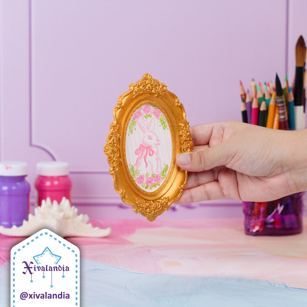 Mini Coquette Painting, Bunny with Bow in Oval Frame, Hand-Painted Art, 14.5x10cm / 5.5x4in