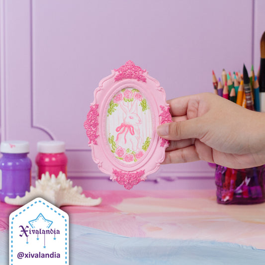 Mini Coquette Painting, Bunny with Bow in Oval Frame, Hand-Painted Art, 14.5x10cm / 5.5x4in