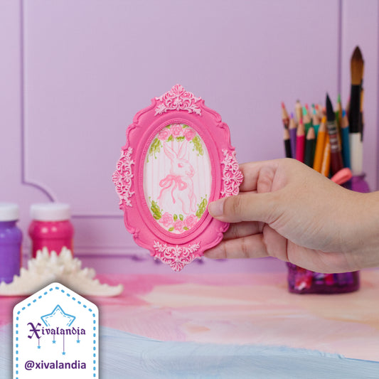 Mini Coquette Painting, Bunny with Bow in Oval Frame, Hand-Painted Art, 14.5x10cm / 5.5x4in
