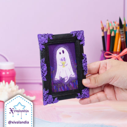 Cuadro mini, Fantasma con lavandas en campo nocturno, arte pintado a mano, 12x9cm / 5x3.5 in