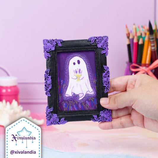 Mini painting, Ghost with lavender in night field, hand-painted art, 12x9cm / 5x3.5 in 
