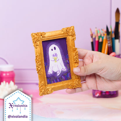 Cuadro mini, Fantasma con lavandas en campo nocturno, arte pintado a mano, 12x9cm / 5x3.5 in