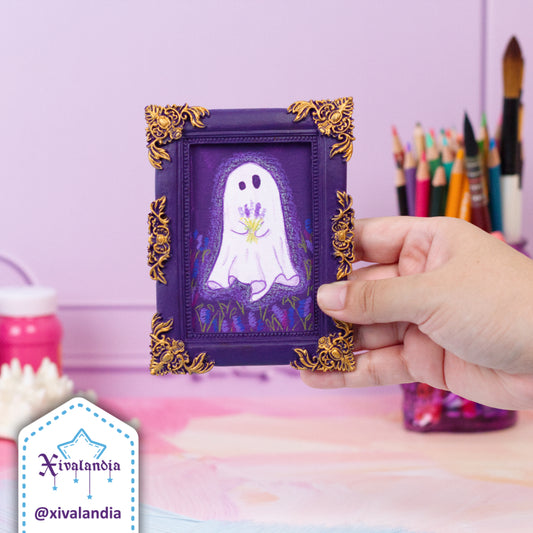 Mini painting, Ghost with lavender in night field, hand-painted art, 12x9cm / 5x3.5 in 
