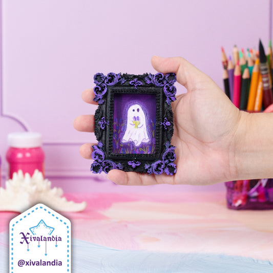 Mini painting, Ghost with lavender in night field, hand-painted art, 9x7.5cm / 3.5x3 in