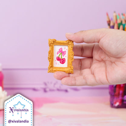 Tiny Coquette Painting, Cherries with Bow, Hand-Painted Art, 4.5x3.5 cm / 2x1.5 in