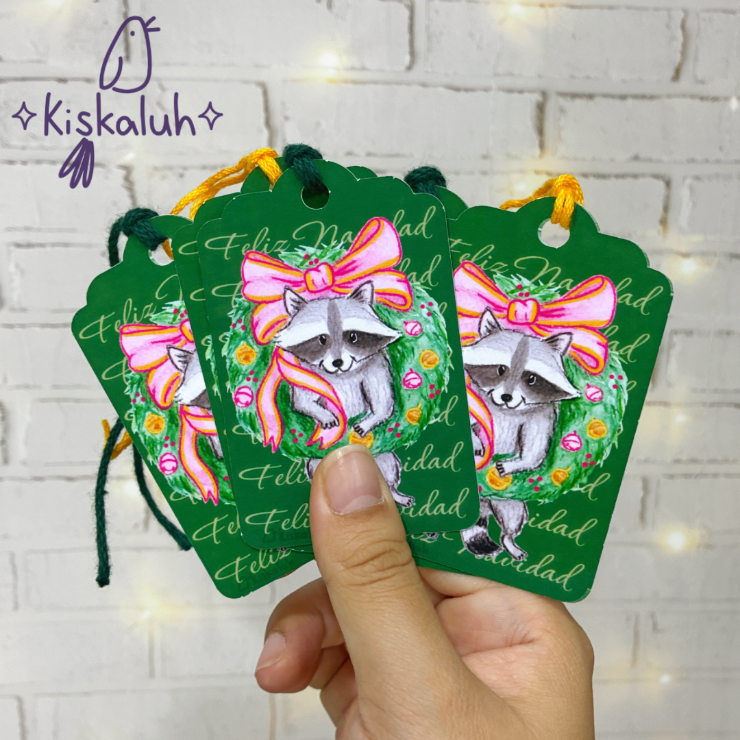 Mapache en corona navideña, 5 Etiquetas para regalo, Gift Tags