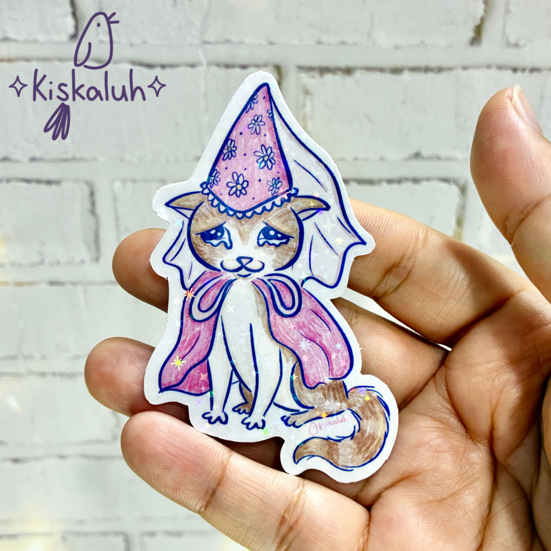Gato princesa triste, Sticker vinil 7cm, Calcomanía pegatina