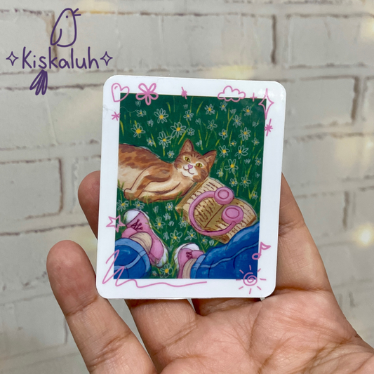 Gato y libro, Sticker vinil 7cm, Calcomanía pegatina