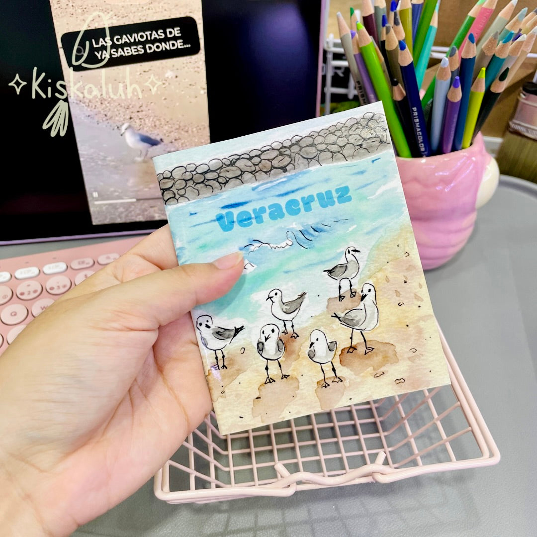 Gaviotas en la playa de Veracruz, Libreta de bolsillo artesanal, 10x12 cm/3.9x4.7 in
