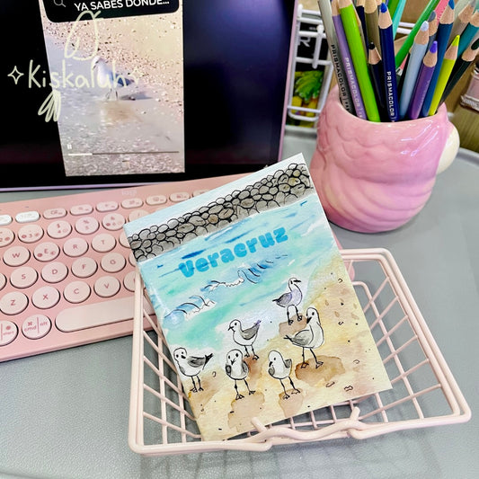 Gaviotas en la playa de Veracruz, Libreta de bolsillo artesanal, 10x12 cm/3.9x4.7 in