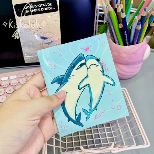 Pareja de tiburones, Libreta de bolsillo artesanal, 10x12 cm /3.9x4.7 in