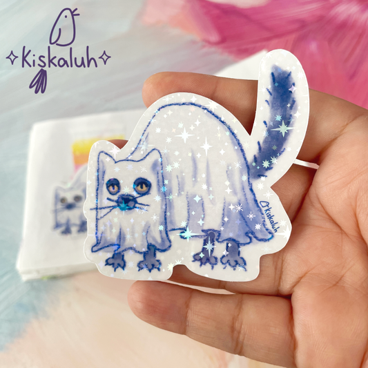 Gato fantasma, Sticker vinil 7cm, Calcomanía pegatina