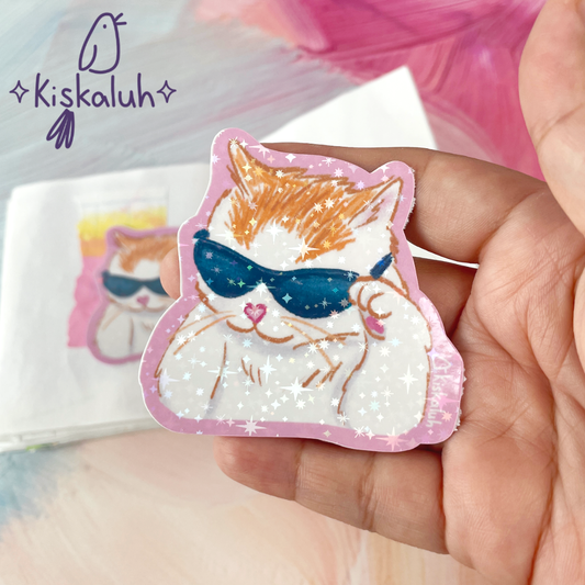 Gato con lentes, Sticker vinil 7cm, Calcomanía pegatina
