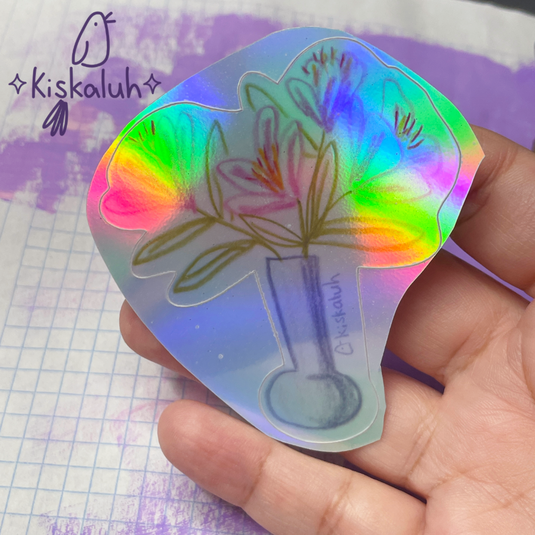 Jarrón flores lilis rosas, Sticker vinil 7cm, Calcomanía pegatina