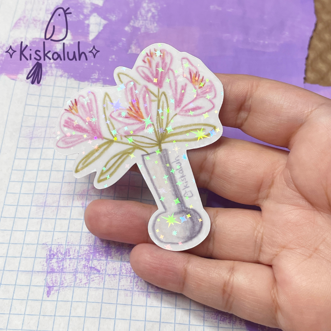Jarrón flores lilis rosas, Sticker vinil 7cm, Calcomanía pegatina