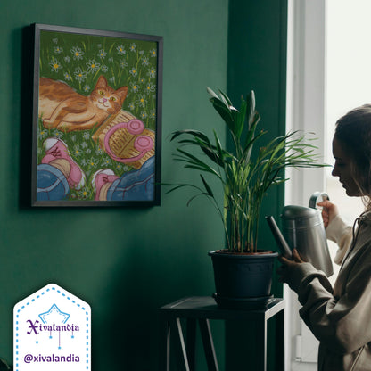 Póster Imprimible Gato naranja entre flores y libros, ilustración digital decorativa