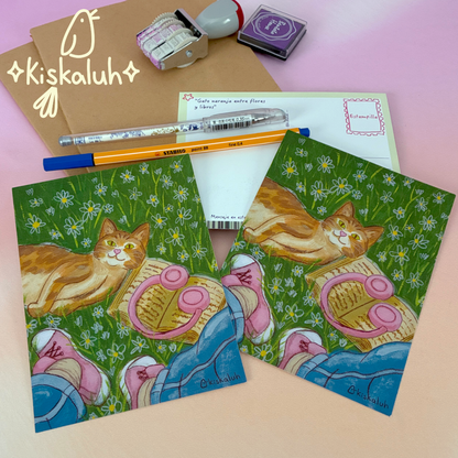 Cat and Book, Illustrated Postcard 4.25 × 5.5 in