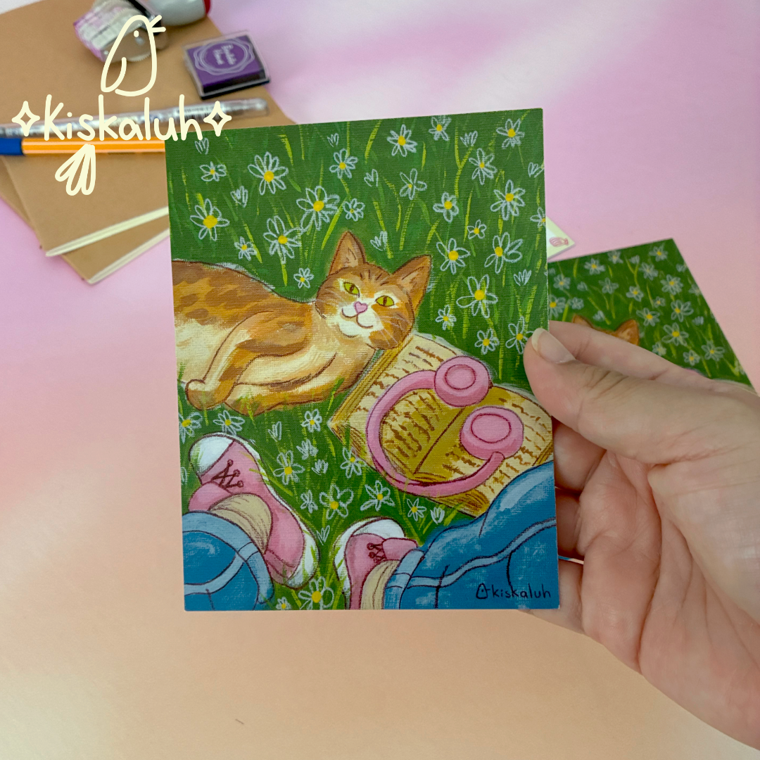 Cat and Book, Illustrated Postcard 4.25 × 5.5 in