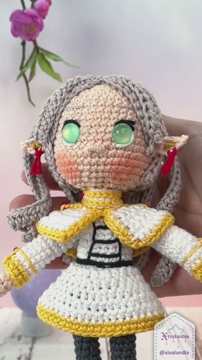 Muñeca tejida Frieren, 18 cm/7 pulg, crochet artesanal, peluche amigurumi