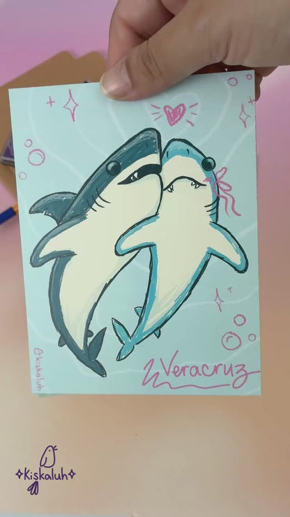 Pair of Sharks, Veracruz, Illustrated Postcard 4.25 × 5.5 in