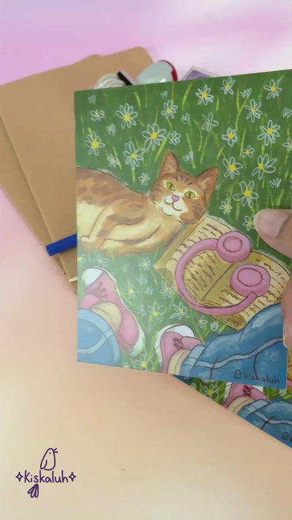 Cat and Book, Illustrated Postcard 4.25 × 5.5 in