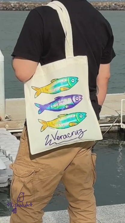 Sardines, yellow & purple, Veracruz, Tote bag, canvas bag