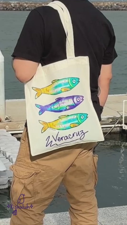 Sardinas amarillo y morado Veracruz, Tote bag, bolsa de manta