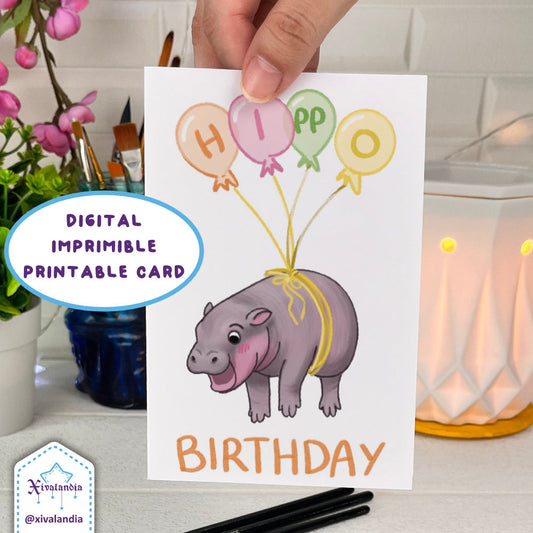 Hippo Birthday, Printable Greeting Card PDF JPEG - A6/ 10x15cm / 4x6 in., Moo Deng, HBD Illustration