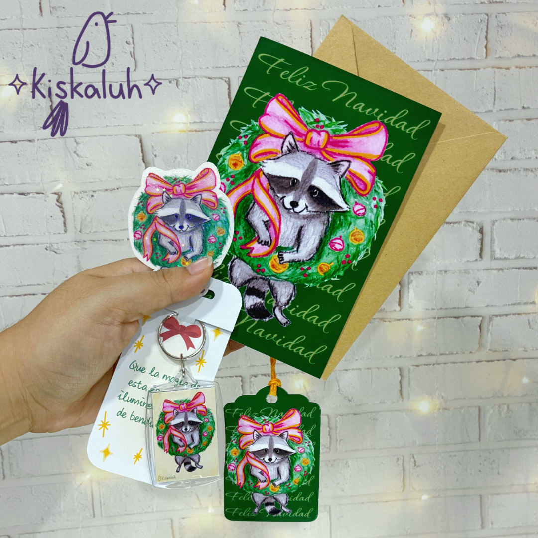 Mapache en corona navideña, 5 Etiquetas para regalo, Gift Tags