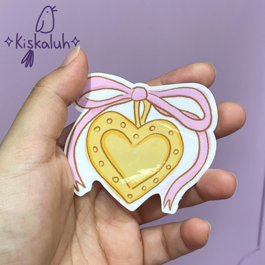 Medallón de corazón con moño, Sticker vinil 7cm, Calcomanía pegatina