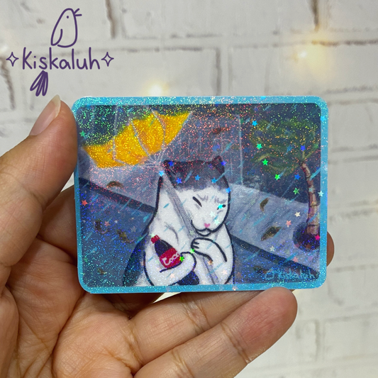 Gato y su coquita, Sticker vinil 7cm, Calcomanía pegatina