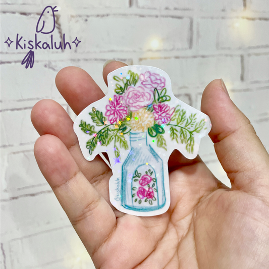 Jarrón azul flores rosas, Sticker vinil 7cm, Calcomanía pegatina