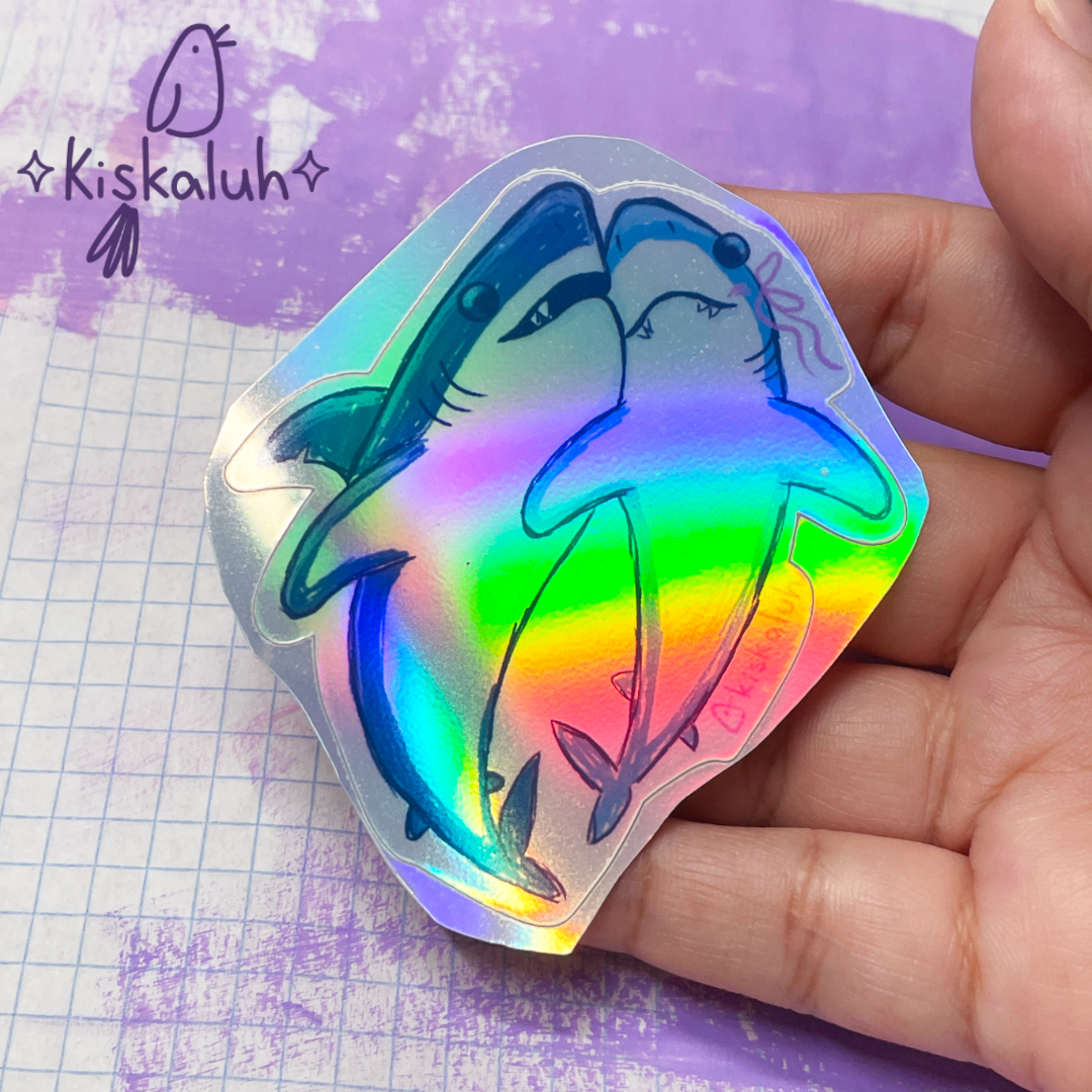Pareja de tiburones, Sticker vinil 7cm, Calcomanía pegatina