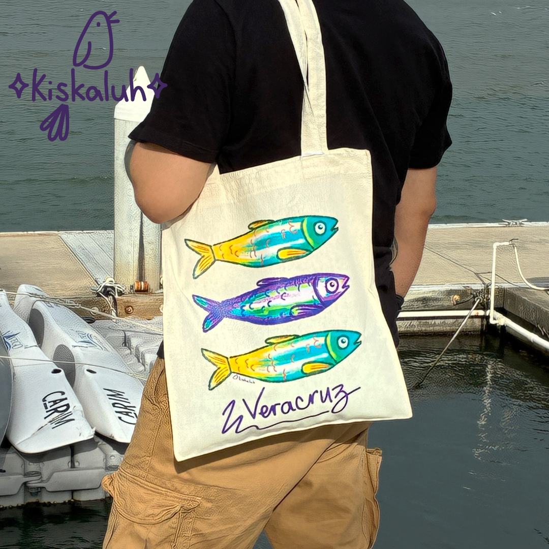 Sardines, yellow & purple, Veracruz, Tote bag, canvas bag