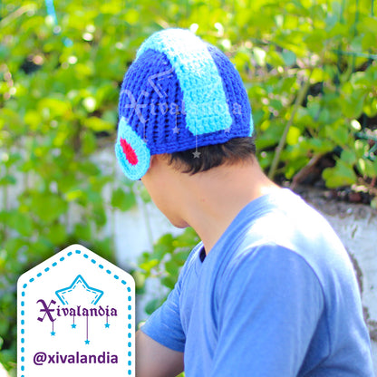 Gorro Megaman, azul, tejido artesanal, Unitalla