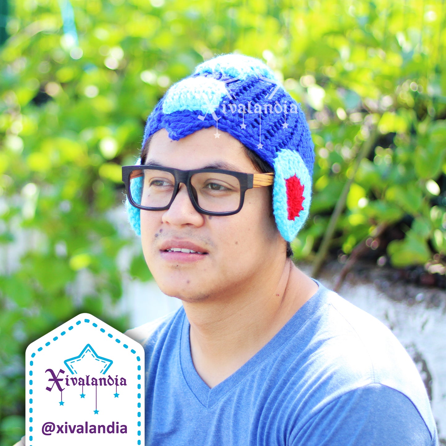 Gorro Megaman, azul, tejido artesanal, Unitalla
